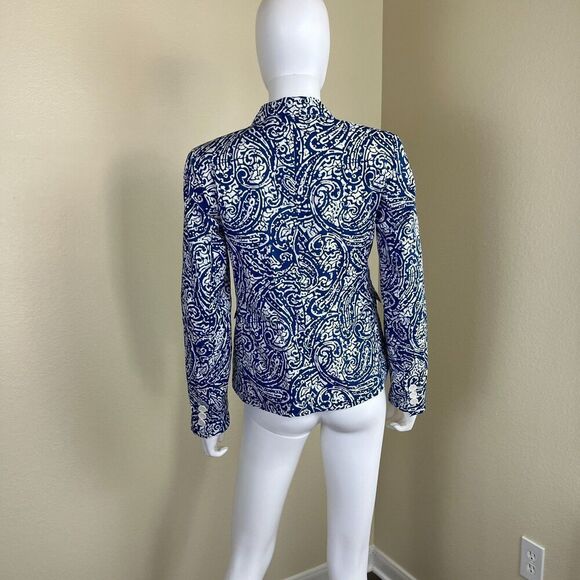 Talbots Womens Size 2 Blue Pasiley Cotton Double Breasted Blazer Jacket Nautical - Picture 9 of 15